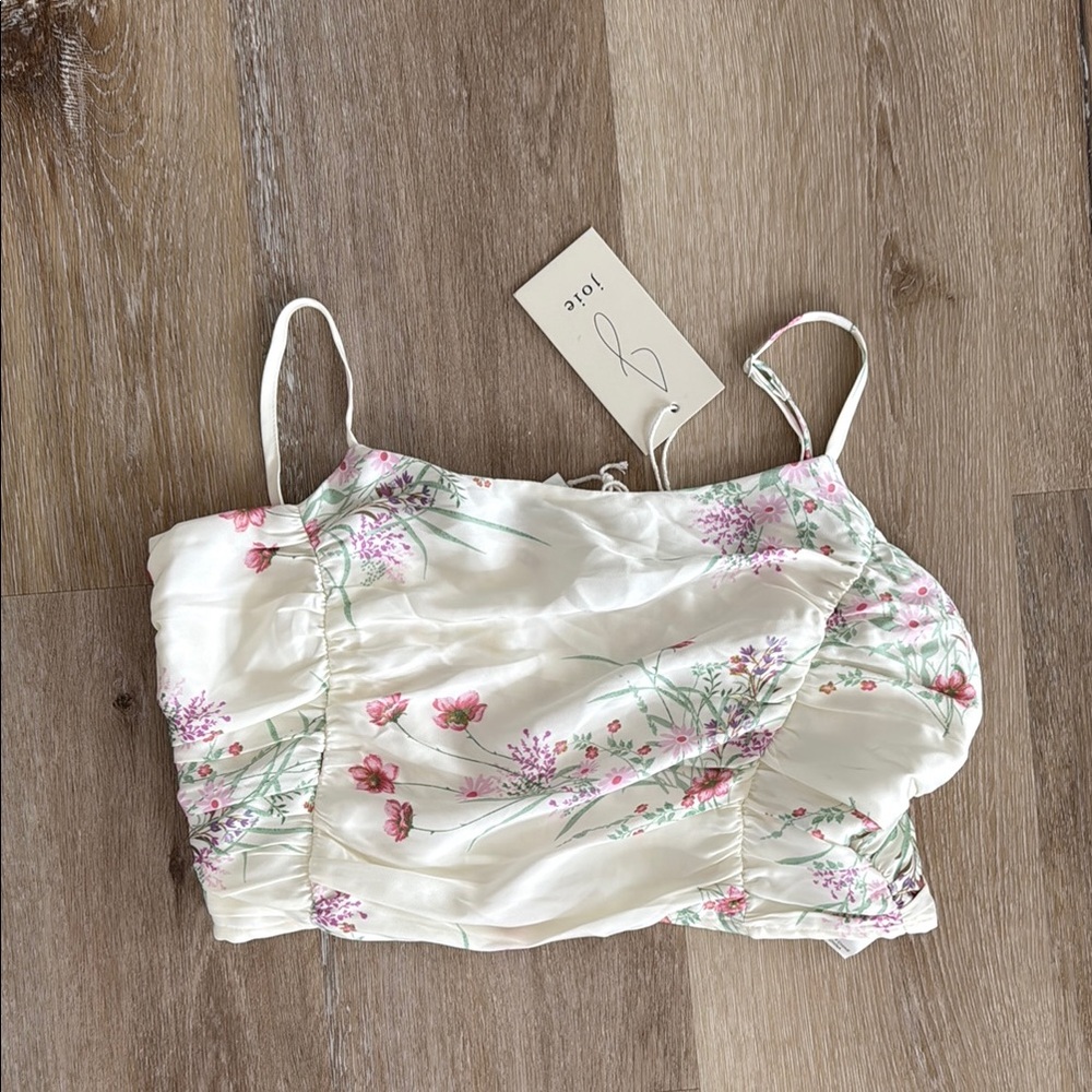 Joie Cream and White Ruched Crop Camisole